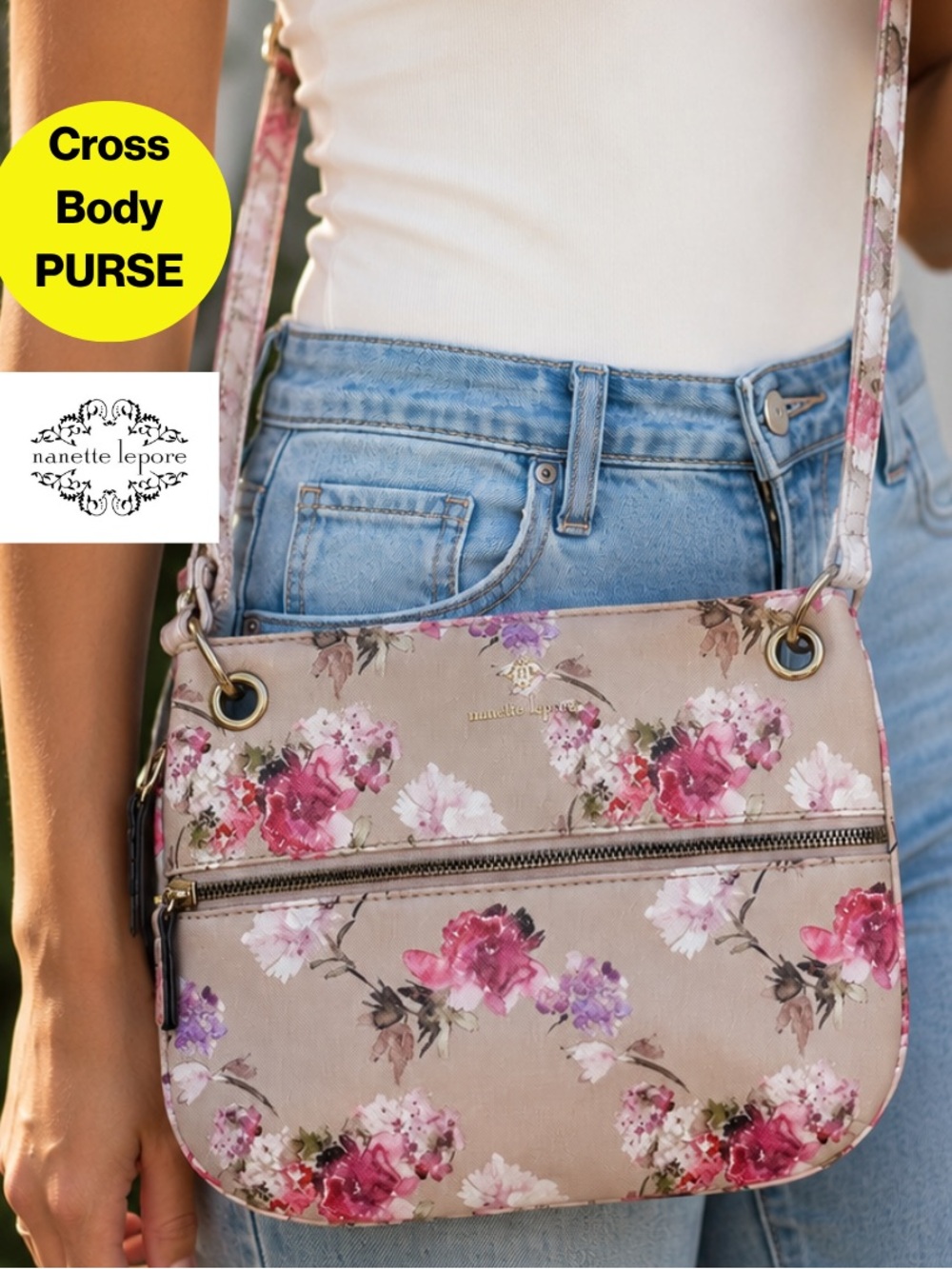 NANETTE LEPORE 🌸 Floral, Taupe Crossbody Bag, Gold Hardware - 7x10” inches